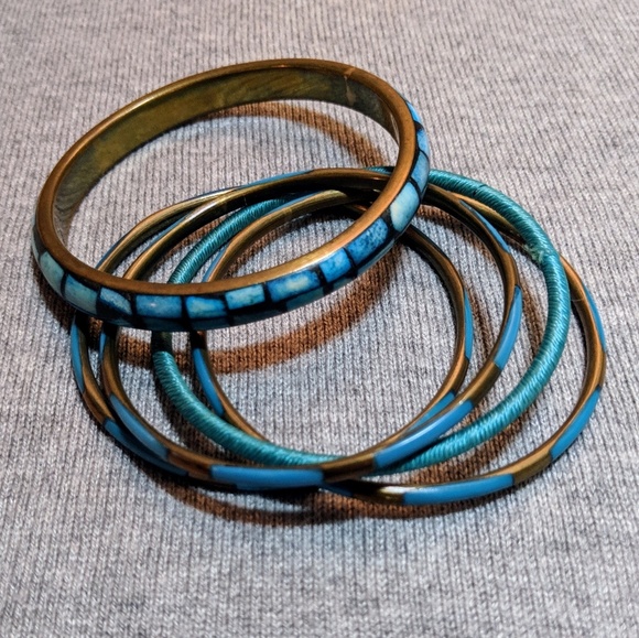 Gold and Turquoise Enamel Bangle Bracelet Set - Picture 4 of 4